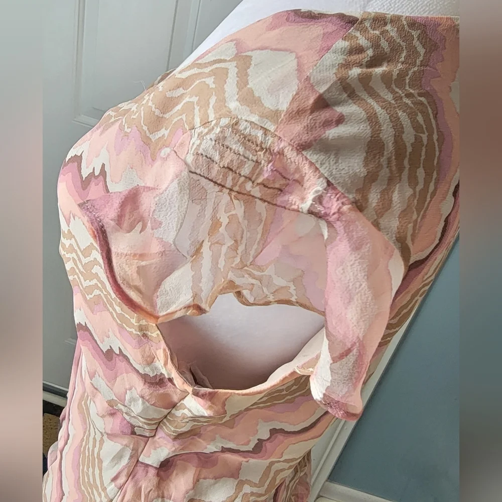 Y2K Vintage 100% Silk Babydoll Blouse Women's 8 Pink Tan Wavy Print Flutter Slee